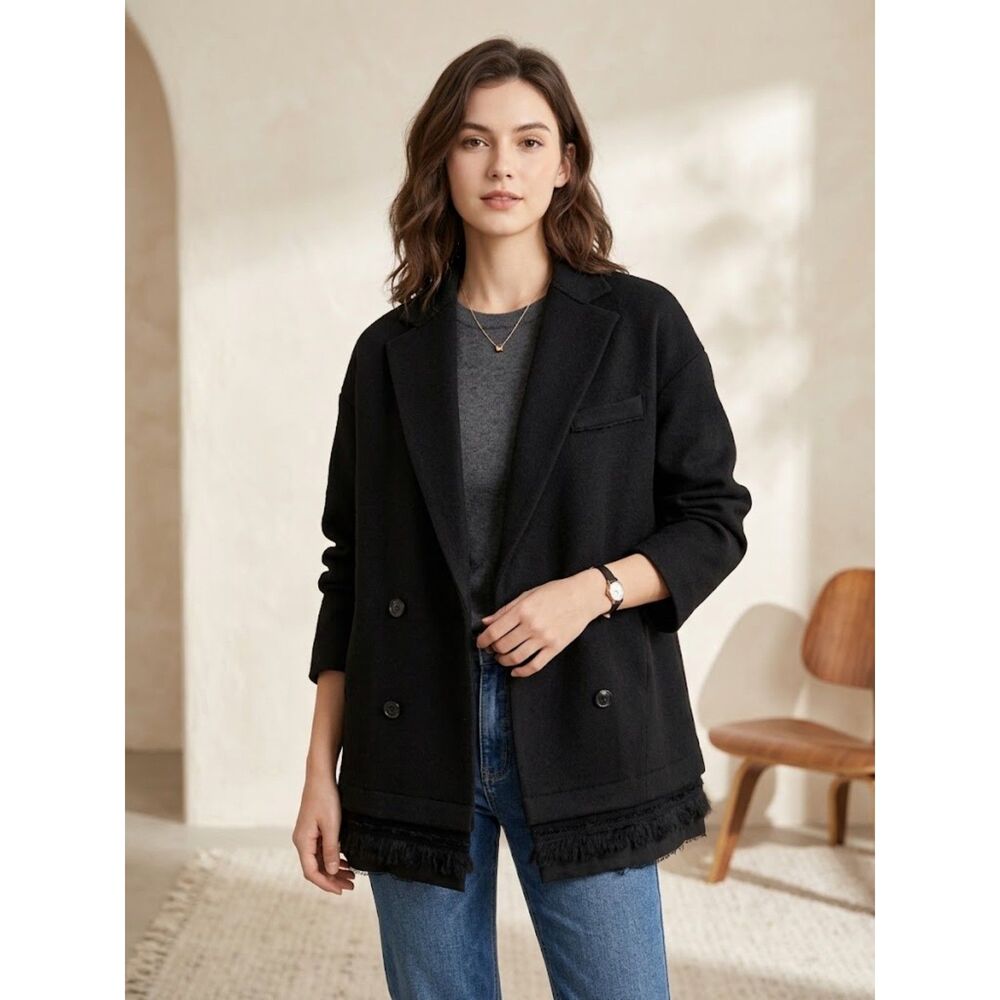 Nataylija Jansone Wool Black Double Breasted Detailed Bottom Blazer Coat 40